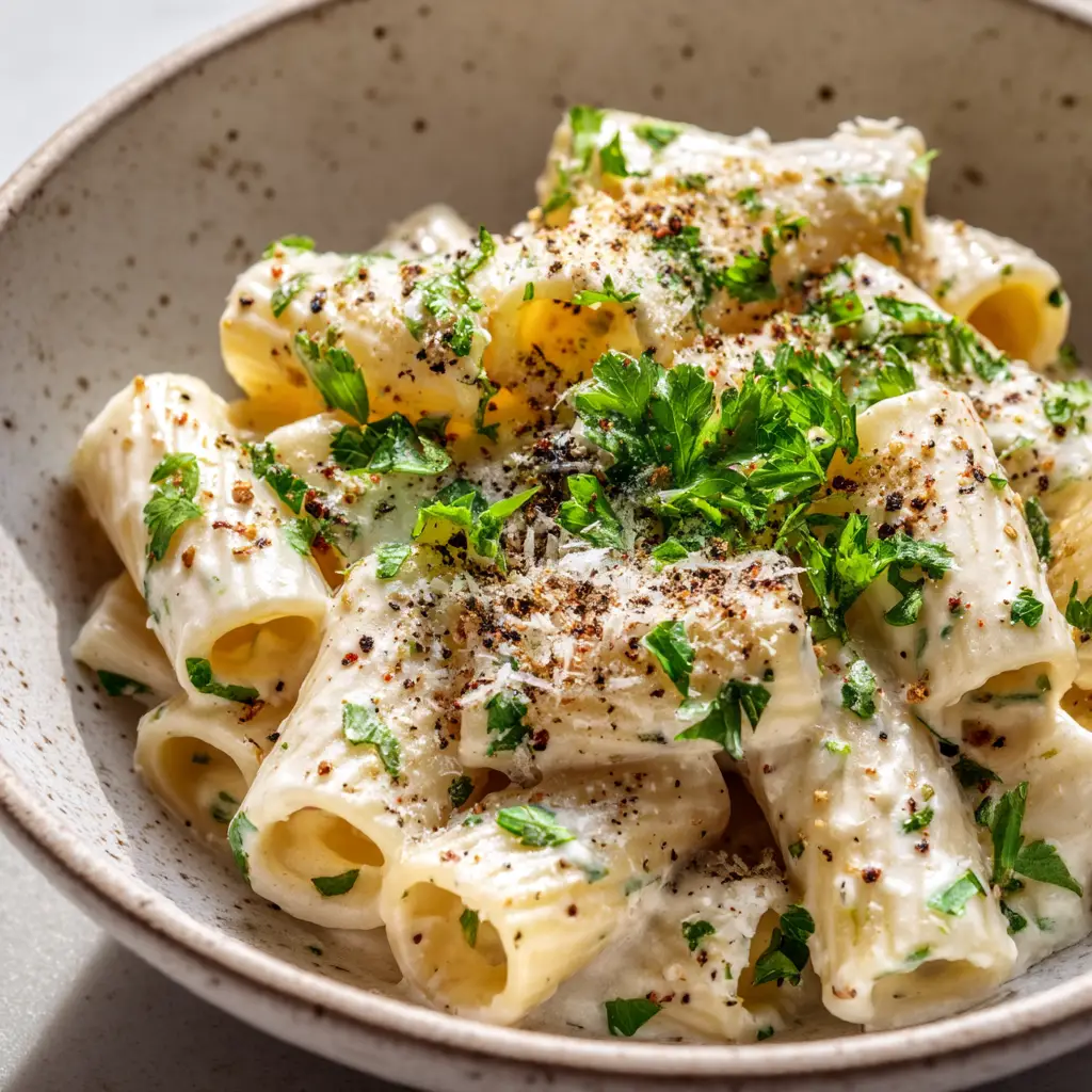 Creamy lemon ricotta pasta sprinkled with freshly chopped parsley and coarse black pepper in a speckled ceramic bowl.