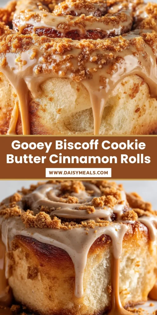 A pan of freshly baked, fluffy Biscoff cinnamon rolls generously swirled with a glossy cookie butter glaze dripping down the sides and topped with crushed Lotus Biscoff cookies.