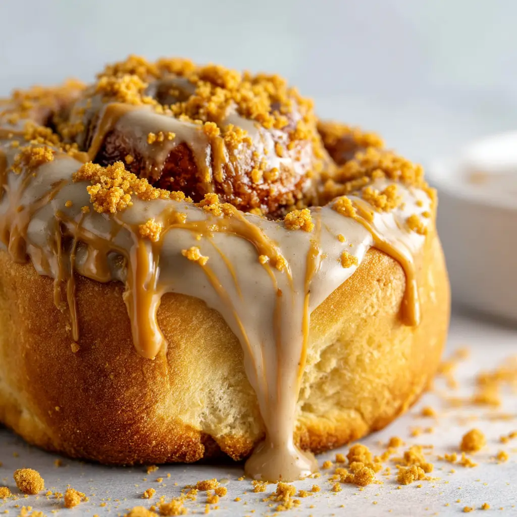 Close-up of golden-brown crushed Biscoff cookies being sprinkled over a thick, light brown, glossy cookie butter glaze on warm cinnamon rolls.