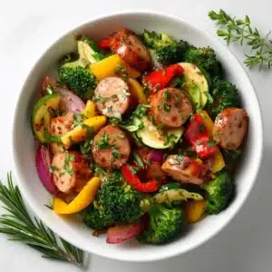 Fresh raw ingredients for a Chicken Sausage and Veggies Sheet Pan including sliced zucchini, bell peppers, red onion, broccoli, and sliced chicken sausage.