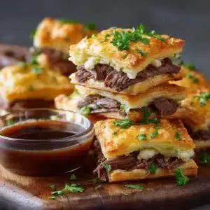 Close-up shot of raw puff pastry layered with shredded roast beef and provolone cheese.