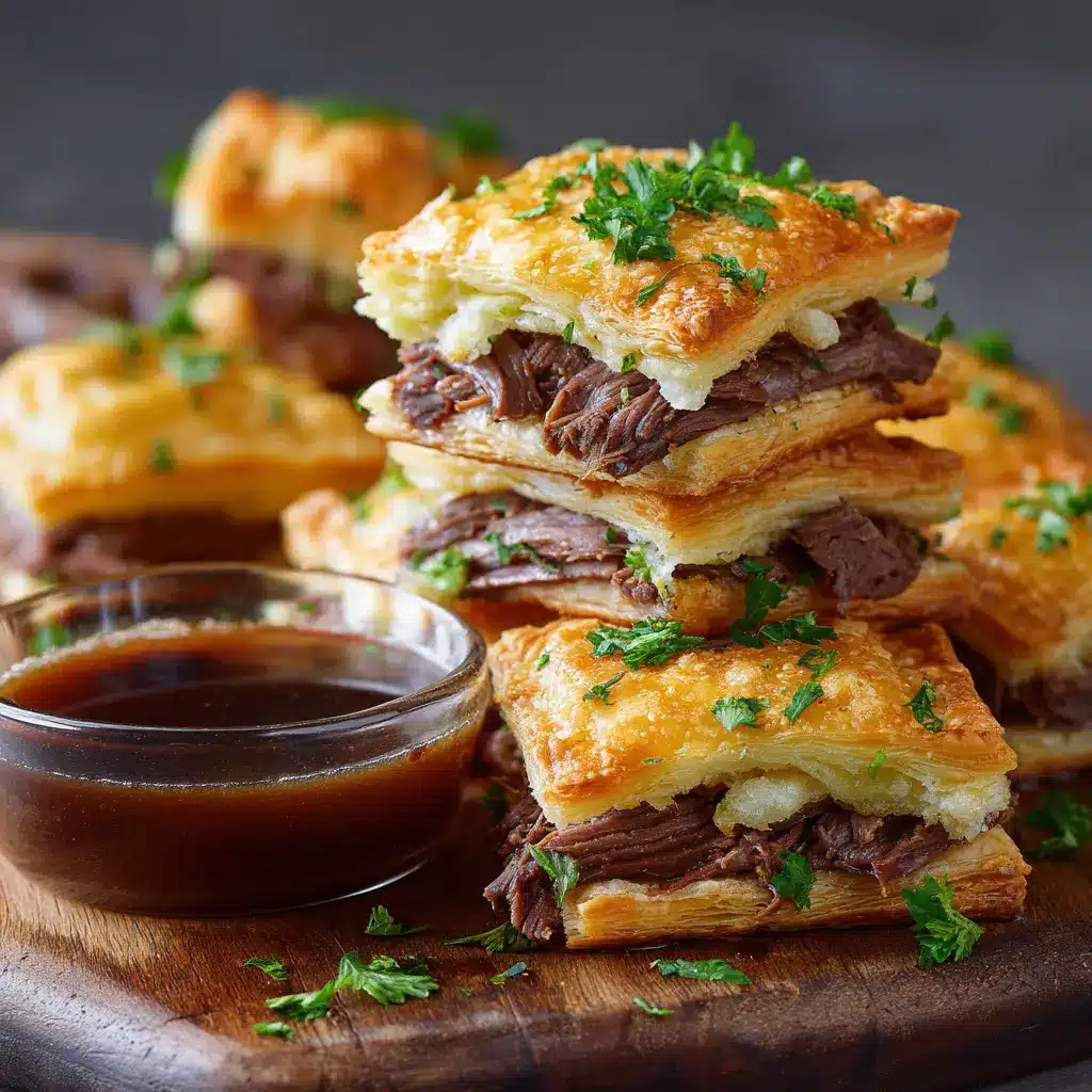 Close-up shot of raw puff pastry layered with shredded roast beef and provolone cheese.
