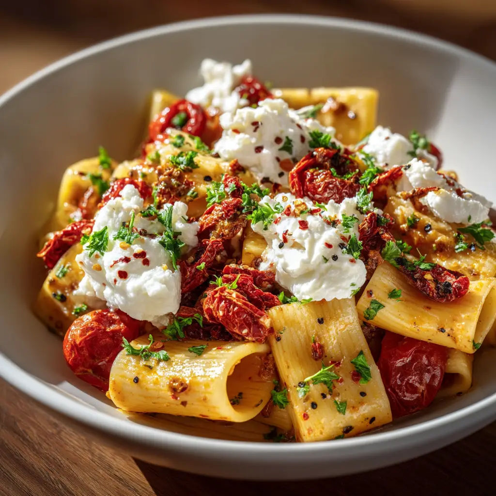 Large paccheri pasta tossed in a rustic sauce with whole roasted cherry tomatoes and sun-dried tomatoes, topped with creamy white ricotta cheese.