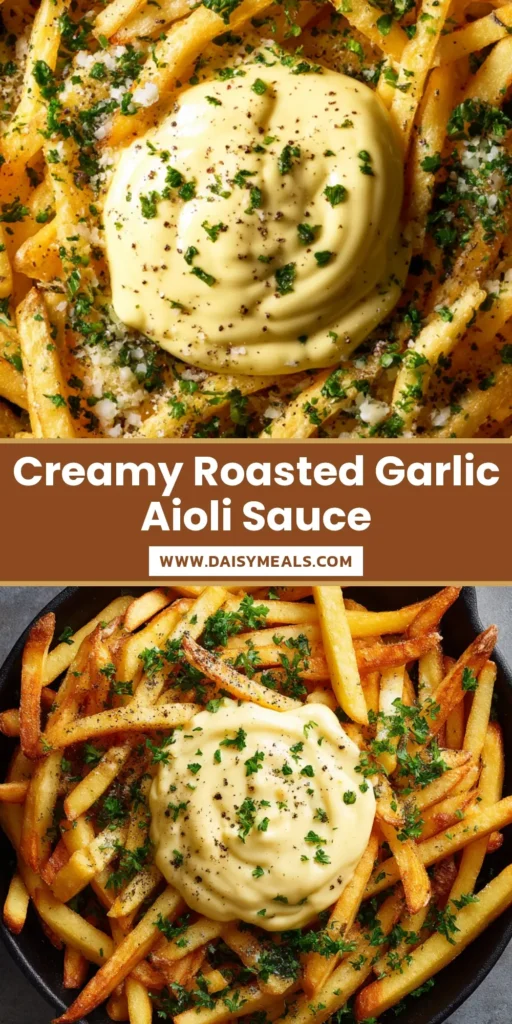 Overhead shot of a black cast iron skillet filled with crispy golden brown french fries and a large dollop of roasted garlic aioli garnished with parsley and pepper.