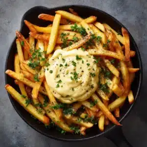Pale yellow roasted garlic aioli in a black cast iron skillet surrounded by crispy golden french fries.