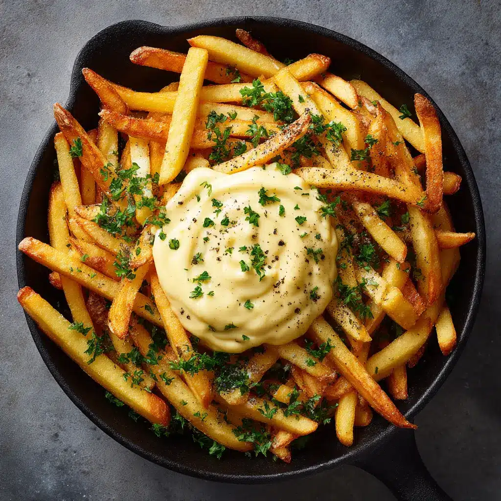 Close up shot of golden brown french fries dipped in fresh pale yellow roasted garlic aioli.
