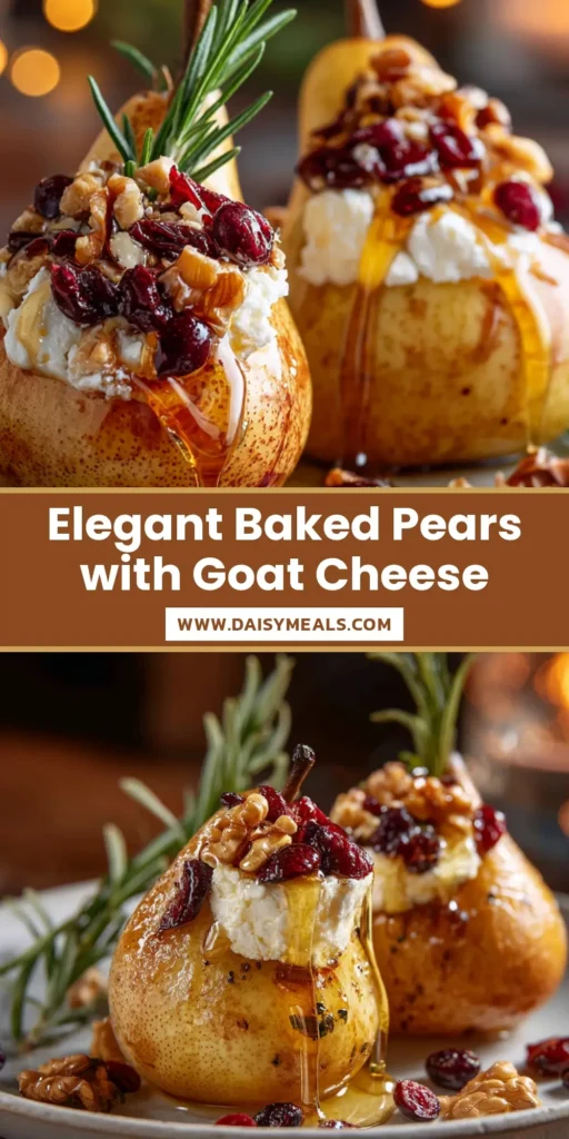 Two beautifully baked pears topped with melted goat cheese, walnuts, cranberries, and honey on a white plate.
