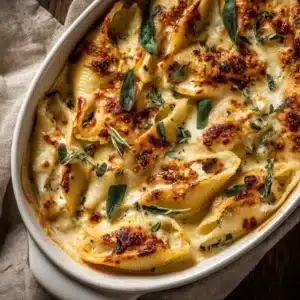 Close-up of golden brown melted gouda cheese on top of pumpkin stuffed pasta shells.
