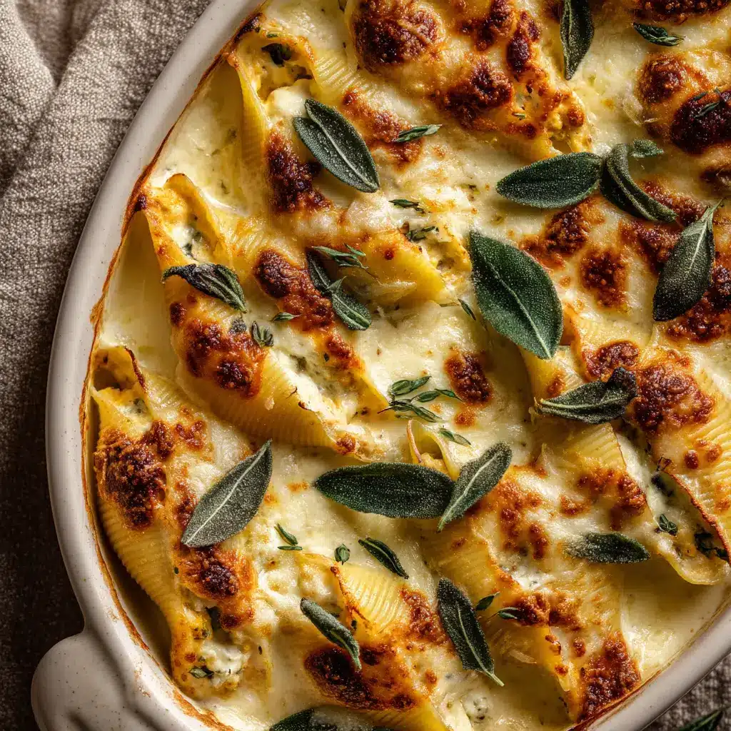 Rustic autumn food photography showing pumpkin stuffed shells glistening with brown butter sage alfredo sauce.