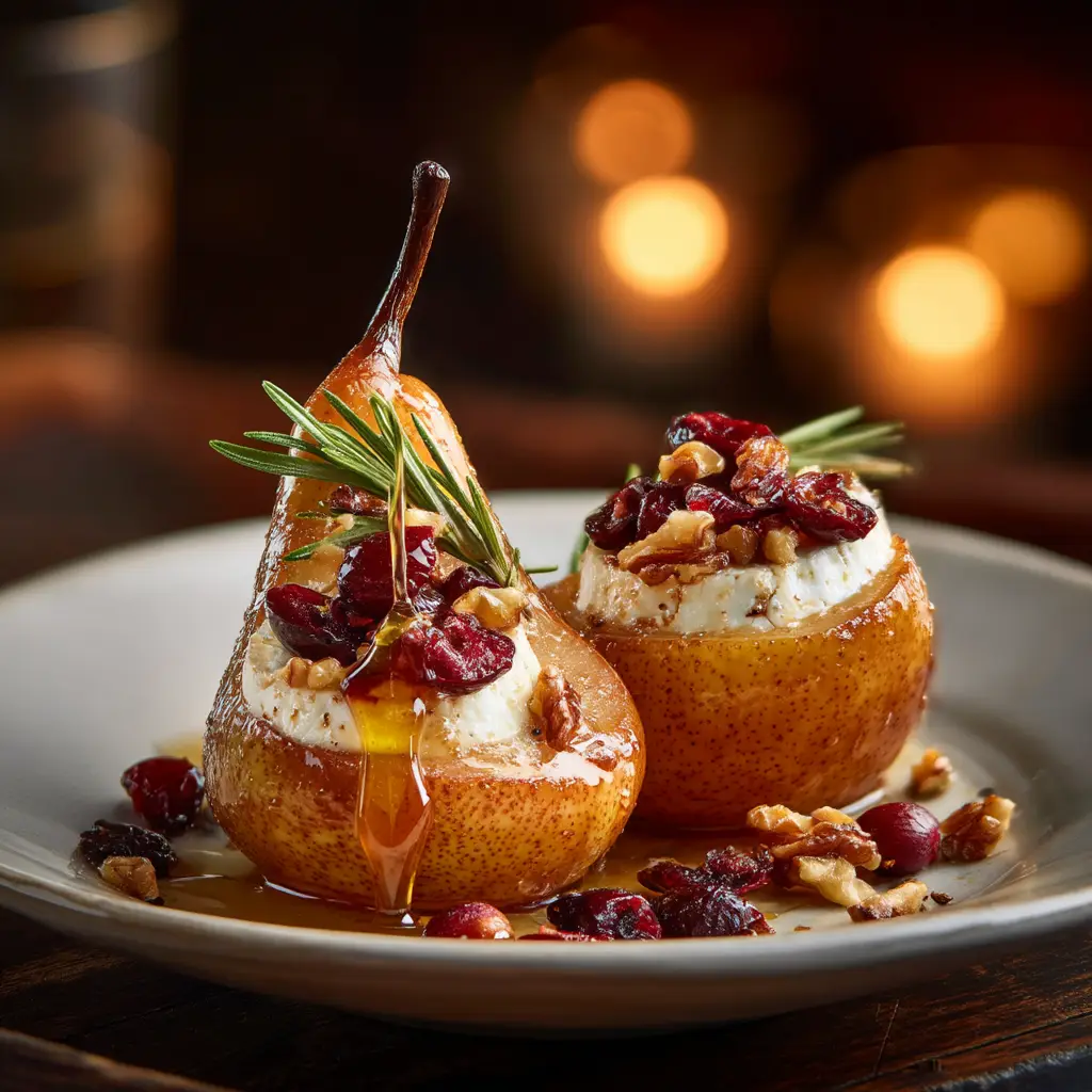 Roasted golden brown Bosc pears fresh out of the oven with melting goat cheese in the center.