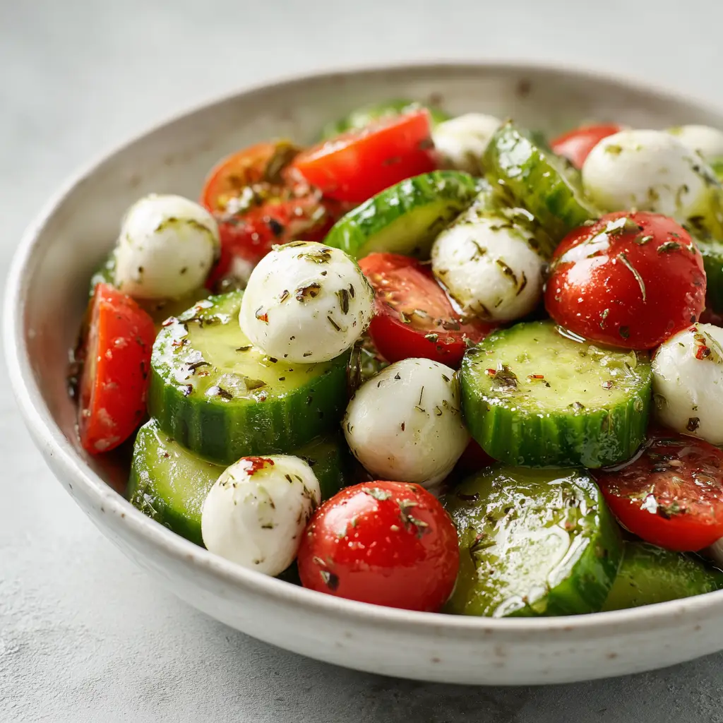 Cucumber mozzarella salad served in a white ceramic bowl, glistening with vinaigrette and herbs.