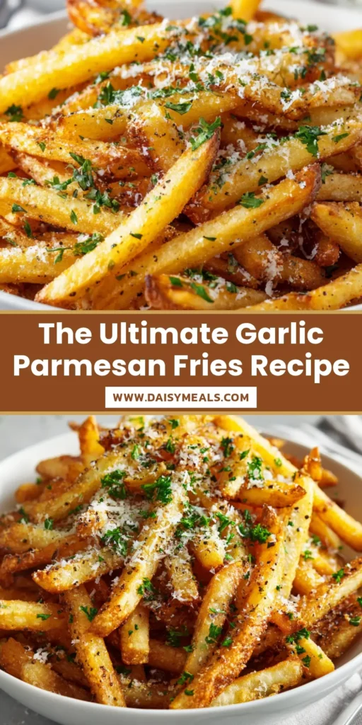 A high-angle photograph of crispy golden-brown Garlic Parmesan Fries piled high in a white ceramic bowl, garnished with parsley and coarse black pepper.