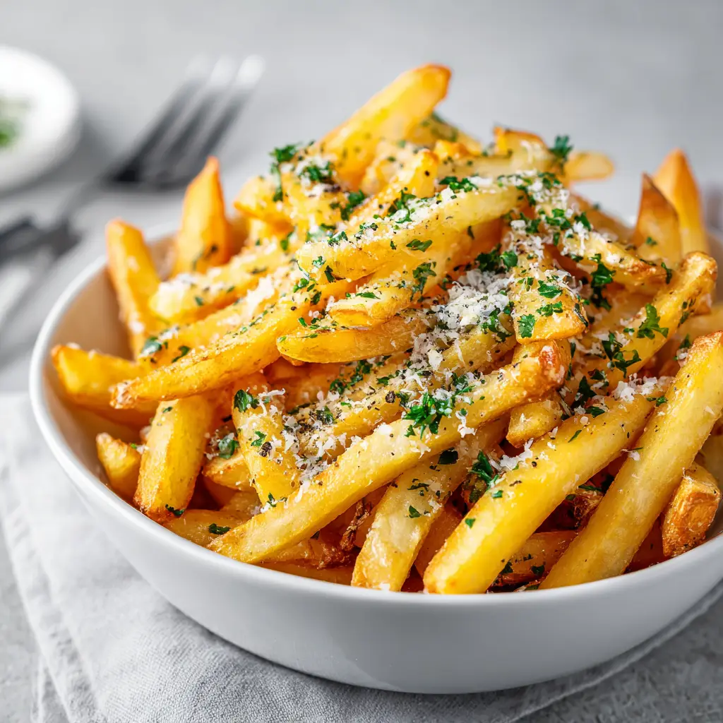 Raw russet potatoes, garlic, parmesan cheese, and parsley laid out on a clean kitchen counter.