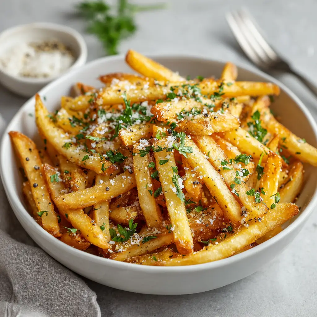 Golden-brown french fries tossing in a bowl with melted garlic butter, freshly grated parmesan cheese, and chopped parsley.