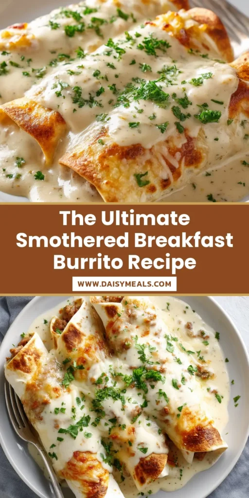 Three toasted breakfast burritos smothered in creamy sausage gravy and topped with melted cheese and green parsley on a white plate.