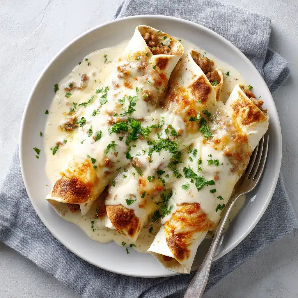 Eye-level view of three breakfast burritos lavishly smothered in creamy sausage gravy on a bright white plate with a silver fork.