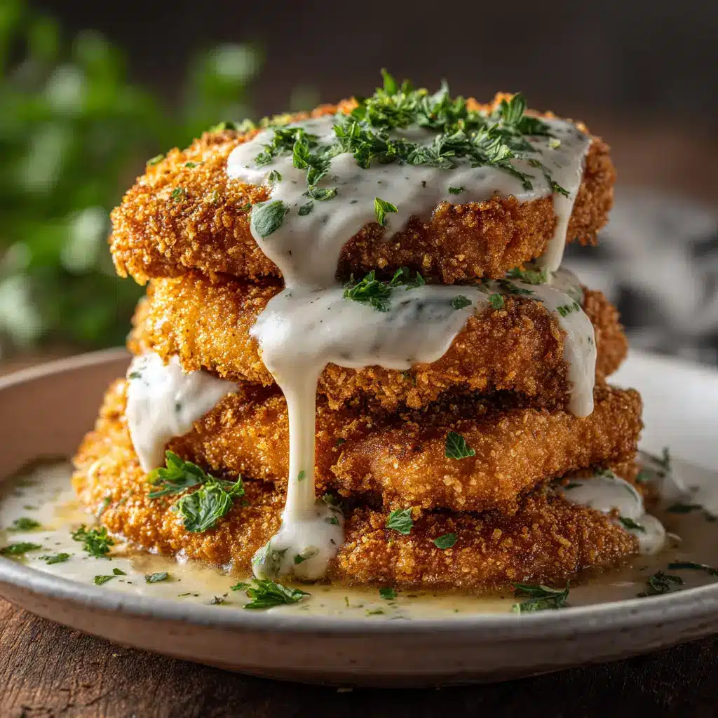 Top-down view of freshly pan-fried Parmesan crusted chicken with a golden-brown texture.