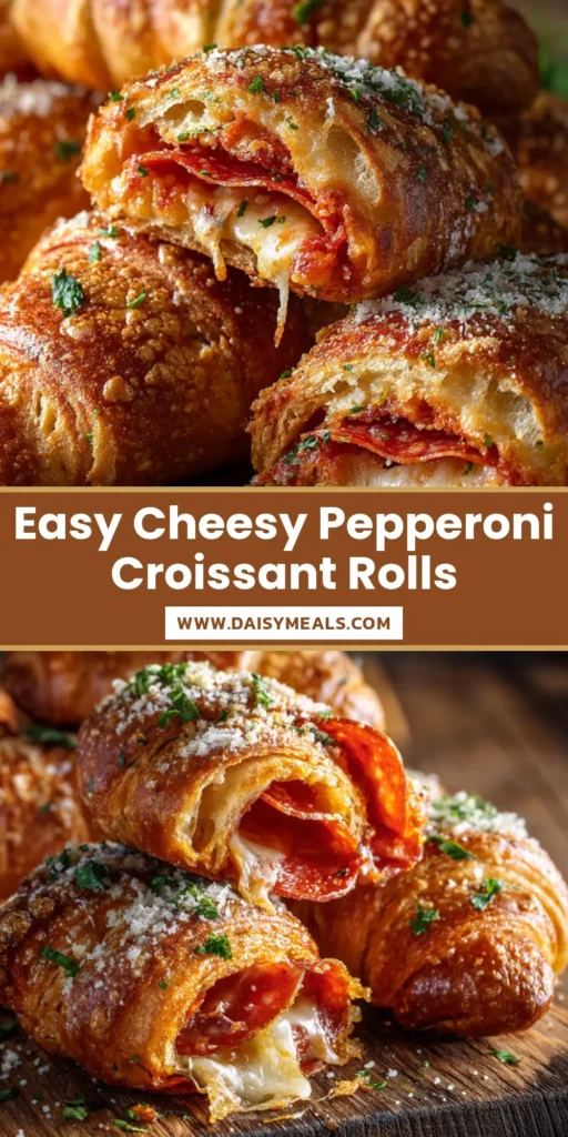 Extreme close-up of golden brown baked pepperoni croissant rolls on a rustic wooden board, showing a satisfying cheese pull with melted mozzarella and layered pepperoni.