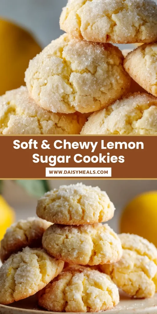 A pyramid stack of freshly baked, puffy lemon sugar cookies coated in sparkling granulated sugar on a ceramic plate.