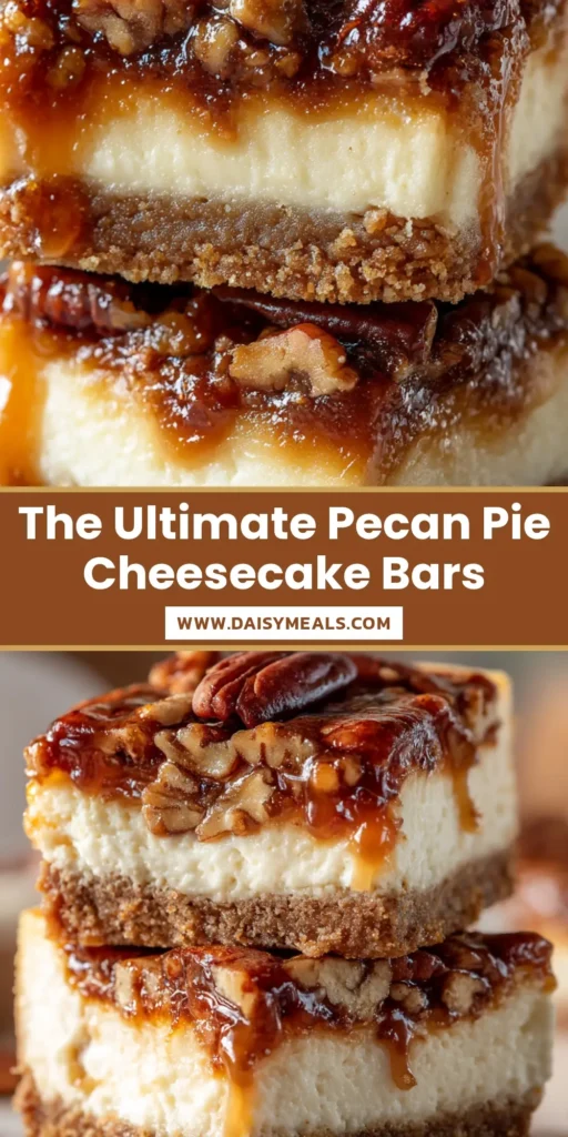 Extreme close-up of two stacked Pecan Pie Cheesecake Bars with a gooey, caramelized pecan topping and a creamy cheesecake center.