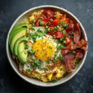 Fresh ingredients for High Protein Breakfast Bowls including eggs, diced potatoes, thick-cut bacon, avocado, and ripe tomatoes.