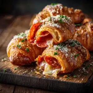 Ingredients for pepperoni croissant rolls including crescent dough, mozzarella cheese, pepperoni slices, grated parmesan, and chopped parsley.