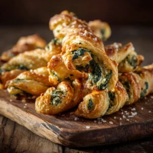 Close-up of golden-brown, flaky spinach and feta puff pastry twists revealing a creamy cheese and spinach filling.