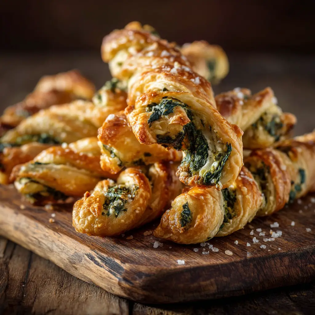 Close-up of golden-brown, flaky spinach and feta puff pastry twists revealing a creamy cheese and spinach filling.