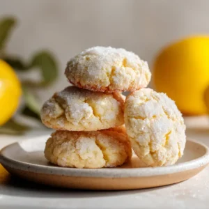 Top-down view of freshly baked lemon sugar cookies cooling on a wire rack next to bright yellow lemons.
