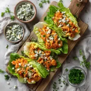 A close up view of bright orange buffalo sauce coating tender shredded chicken for lettuce wraps.