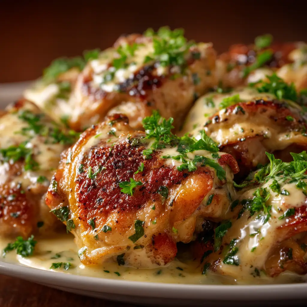Macro lens food photography of tender chicken topped with fresh parsley and herbs.