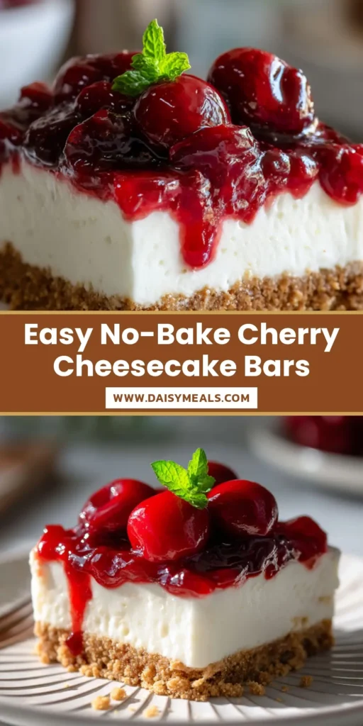 A close-up of beautifully layered No-Bake Cherry Cheesecake Bars with a thick graham cracker crust and plump cherries.