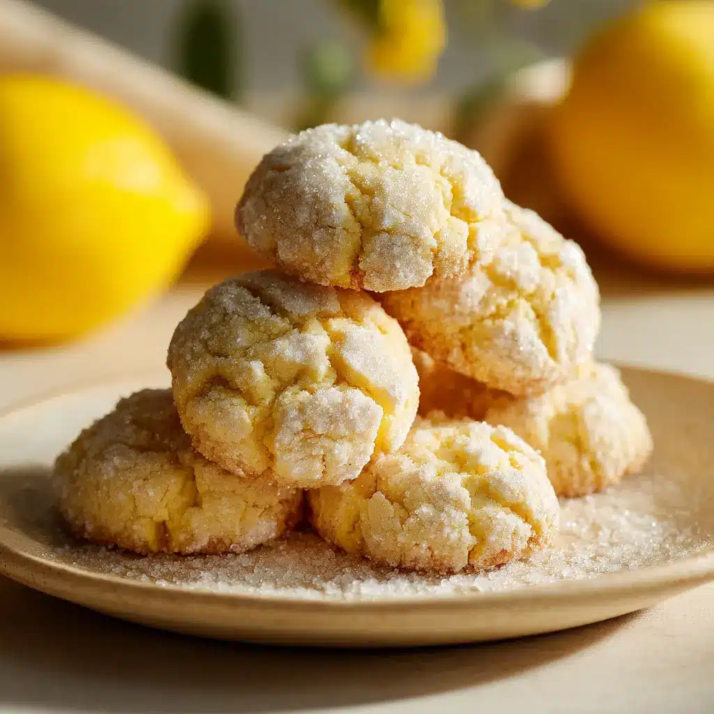 A close-up of a perfectly crinkled lemon sugar cookie showing its sparkling sugar crust and soft center.
