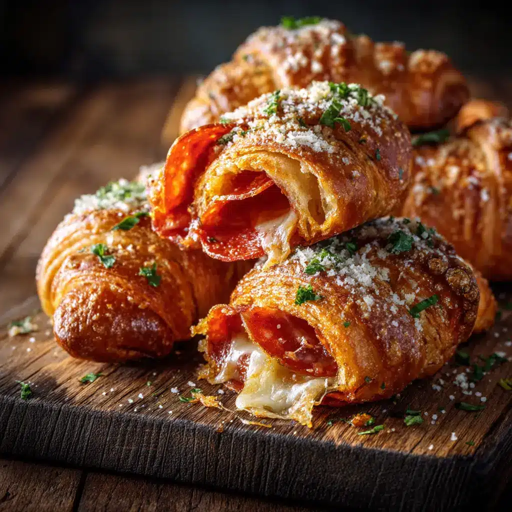 A freshly baked pepperoni croissant roll broken in half, revealing melted mozzarella, layers of pepperoni, and a golden-brown crust garnished with parmesan and parsley.