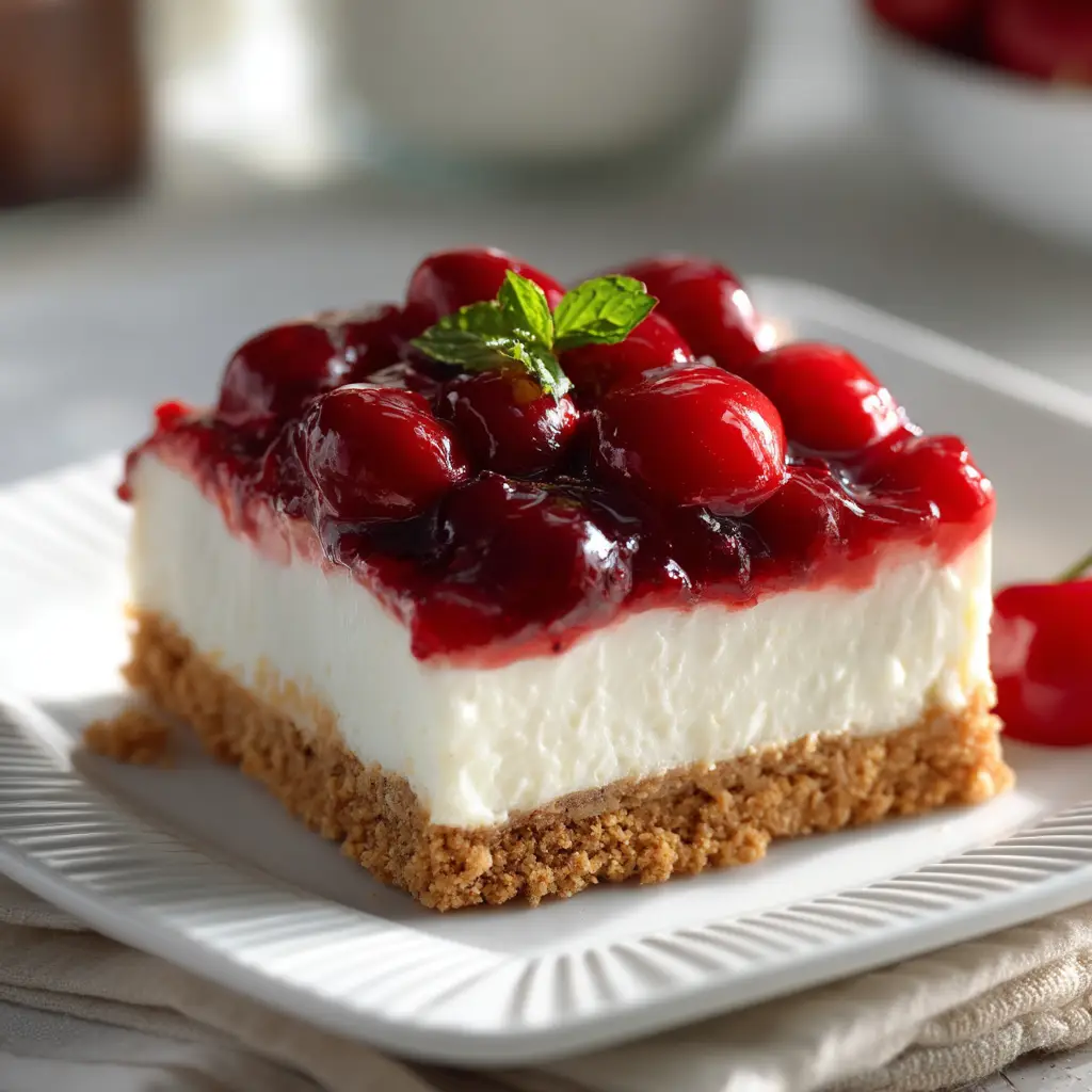 Extreme close-up of a perfectly square slice of no-bake cherry cheesecake bar on a white ceramic plate.