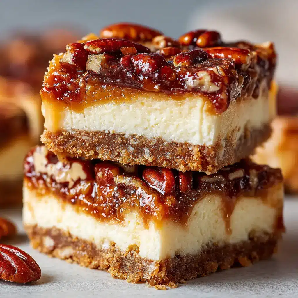 Pouring glossy caramelized pecan topping over a baked off-white cheesecake layer.