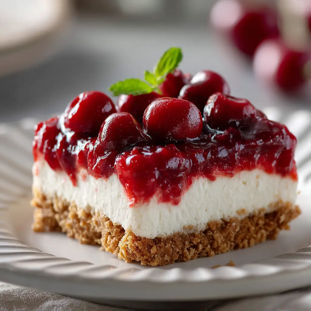 A glossy, vibrant red cherry pie filling generously spooned on top of a smooth no-bake cheesecake bar.