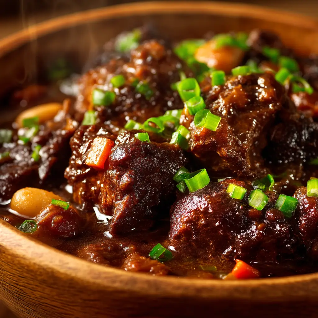 Extreme close-up of tender Jamaican oxtail meat coated in dark brown gravy with visible allspice seeds and carrots.