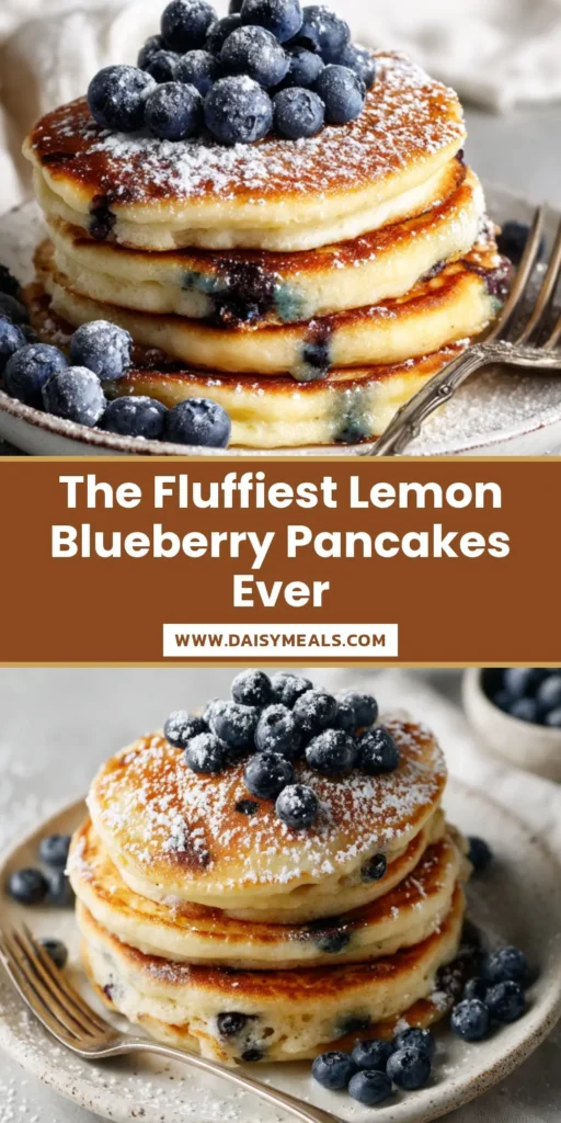 Thick & Fluffy Lemon Blueberry Pancakes 4 A short stack of four thick, fluffy, golden-brown Lemon Blueberry Pancakes studded with fresh blueberries, generously dusted with powdered sugar, and served on an off-white ceramic plate.