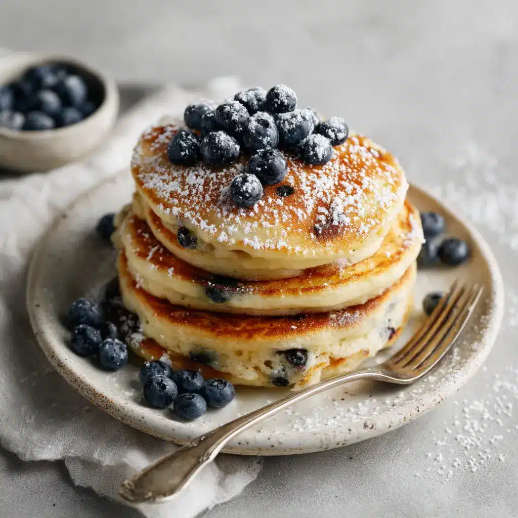 Thick & Fluffy Lemon Blueberry Pancakes 2 Overhead food macro shot of fresh Lemon Blueberry Pancake ingredients including plump berries, fresh lemons, and powdered sugar.