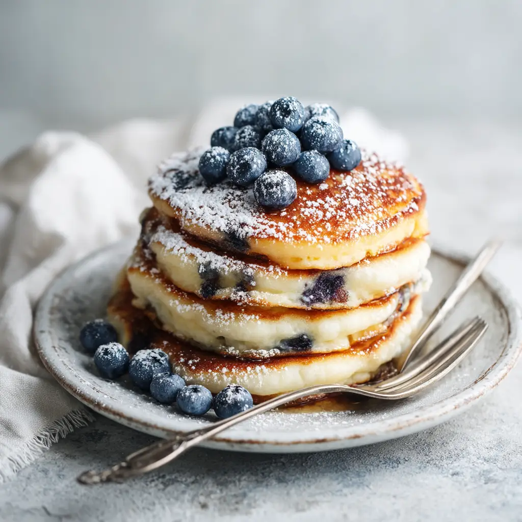 Thick & Fluffy Lemon Blueberry Pancakes 1 Close up of a thick Lemon Blueberry Pancake cooking on a griddle, showing golden brown edges and bubbly surface.