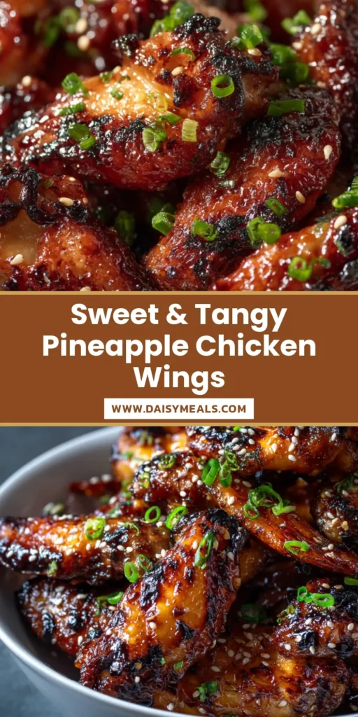 A towering pile of glistening Brown Sugar Pineapple Chicken Wings in a white ceramic bowl, garnished with sesame seeds and green onions.