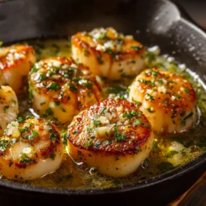 Extreme close-up of beautifully seared sea scallops glistening in a vibrant lemon garlic butter sauce.