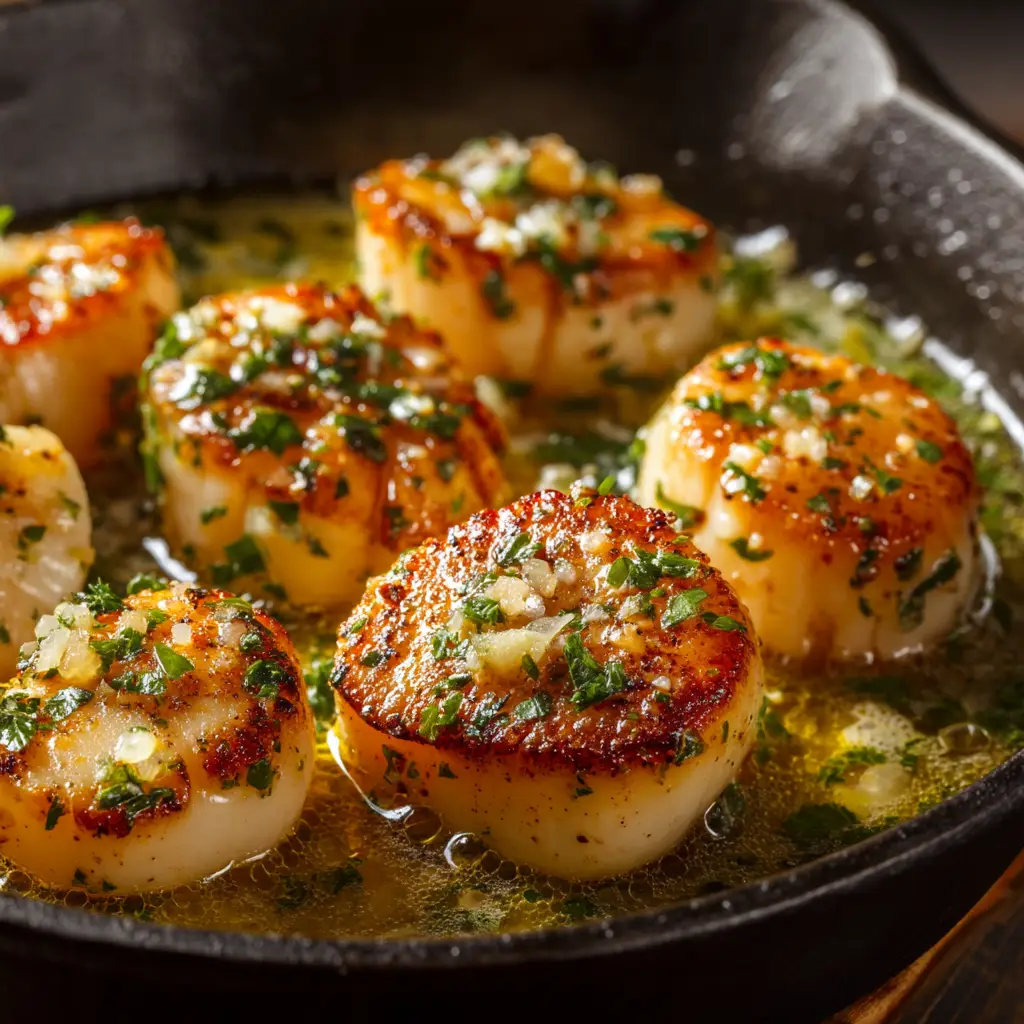 Extreme close-up of beautifully seared sea scallops glistening in a vibrant lemon garlic butter sauce.