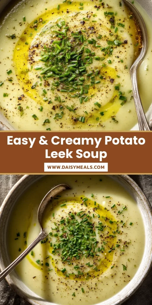 Overhead close-up of creamy pale yellow-green Potato Leek Soup in a rustic white ceramic bowl, garnished with glistening olive oil, black pepper, and fresh chives.