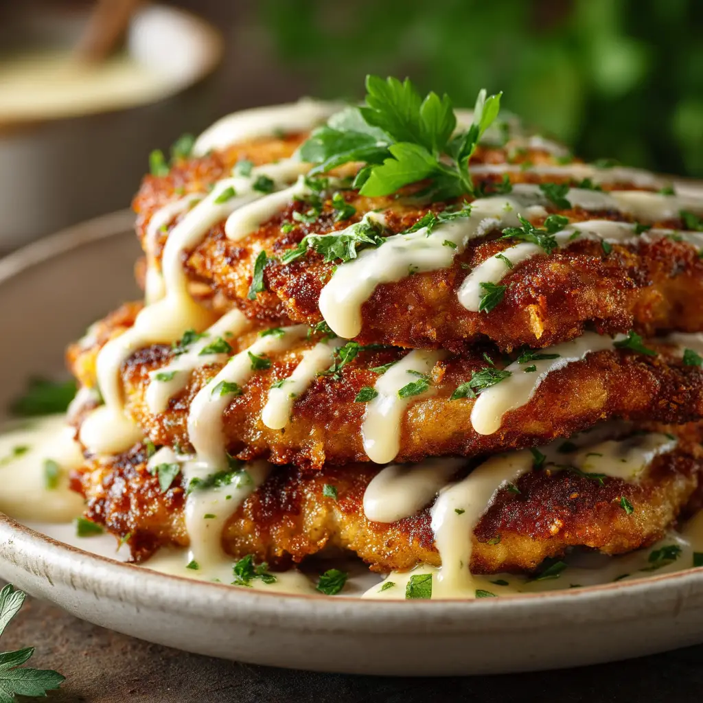 Close-up of Parmesan crusted chicken cutlets featuring soft highlights on the creamy garlic sauce and green parsley garnish.