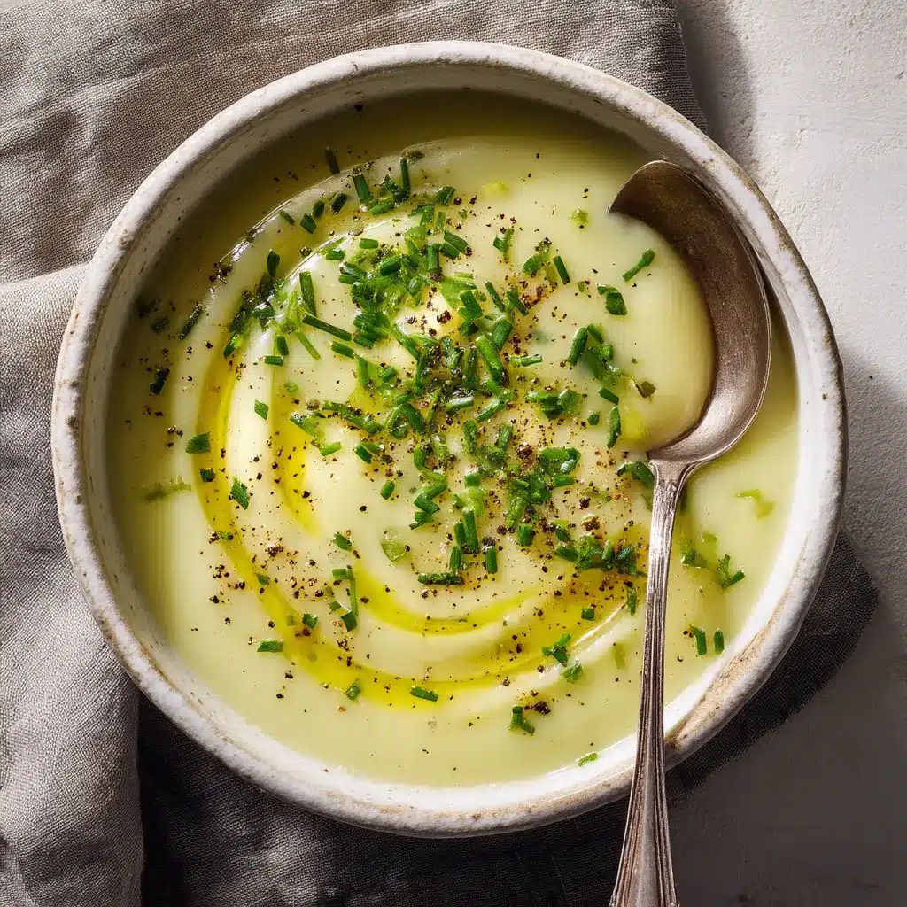 Fresh ingredients for Potato Leek Soup including potatoes, leeks, heavy cream, and olive oil.