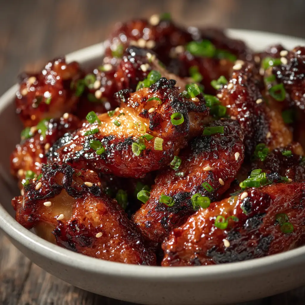 Close up of caramelized, deep amber chicken wings coated in a sticky pineapple glaze with sesame seeds.
