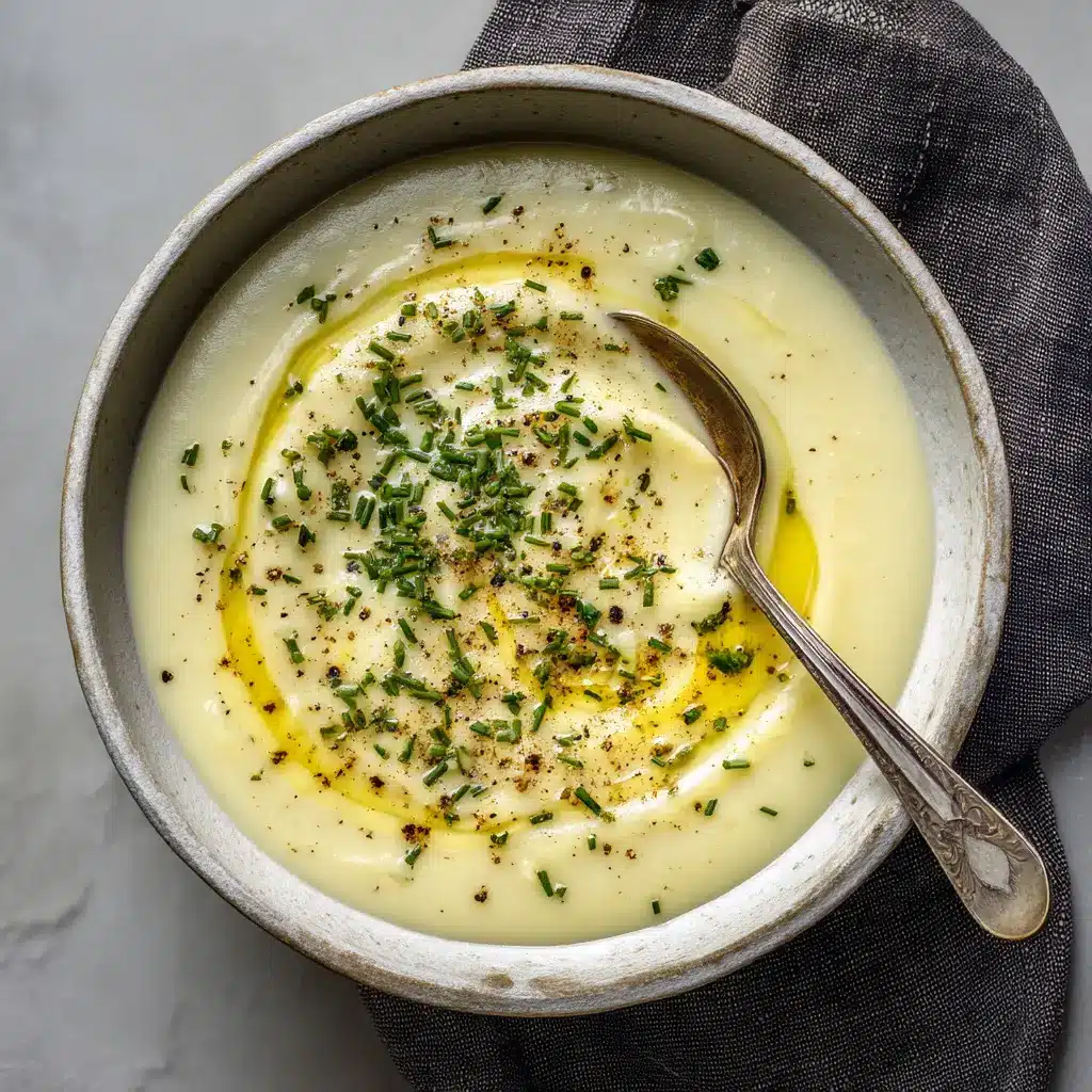 A vintage silver spoon creating a beautiful swirl in a thick and velvety Potato Leek Soup resting on a dark linen napkin.