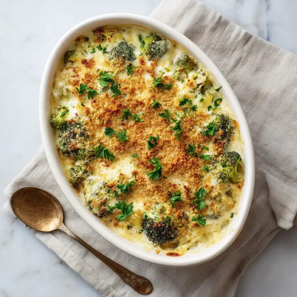 A bubbling creamy, cheesy Paula Deen broccoli casserole topped with fresh parsley and golden brown breadcrumbs in a white oval dish.